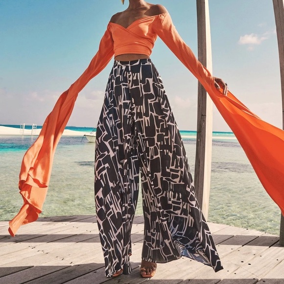 Chic Wide Leg Jumpsuit in Orange and Black - Picture 1 of 10